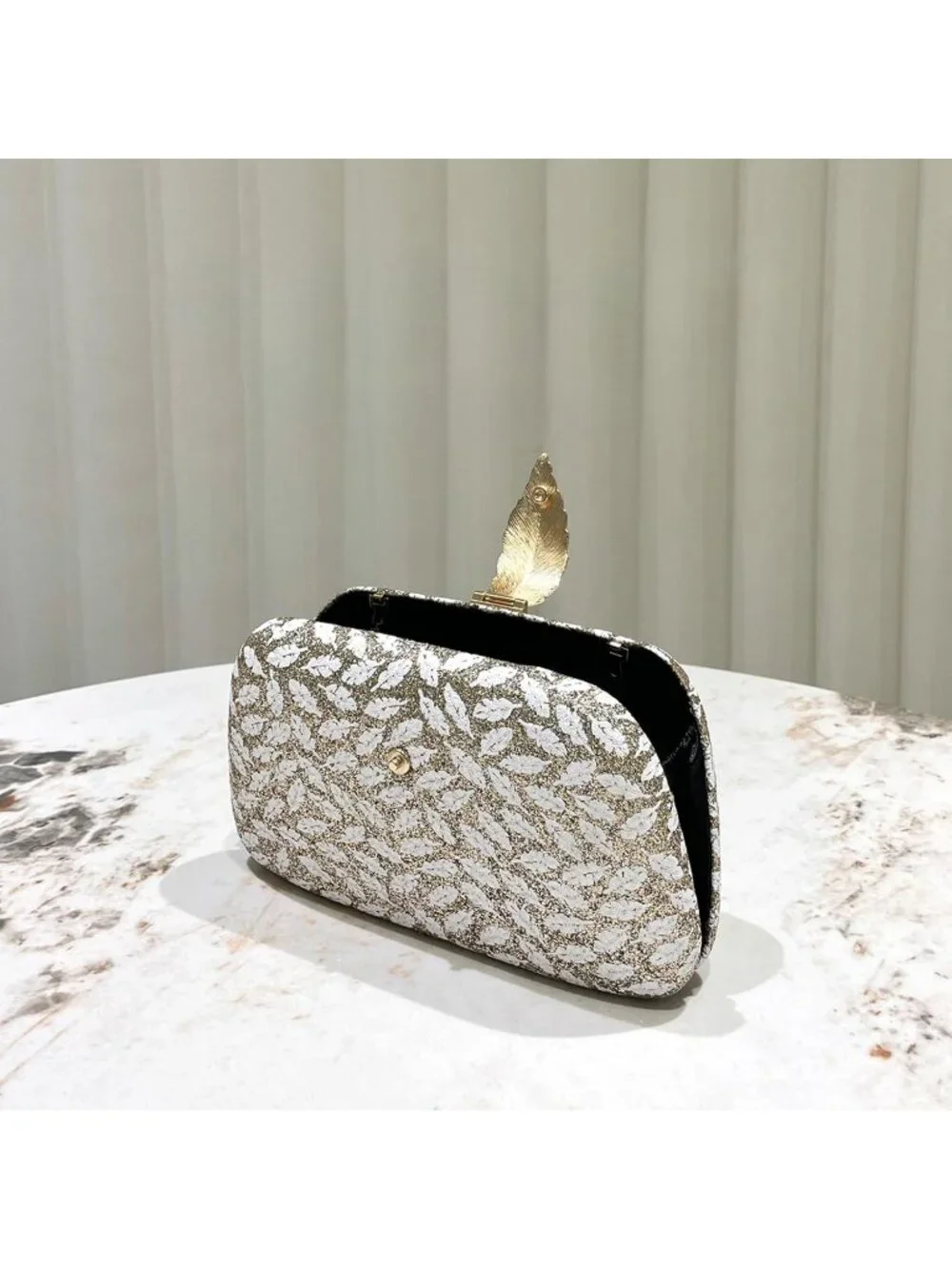Women's Gold White Elegant Clutch Purse Metallic Leaves Clasp Banquet Evening Ba